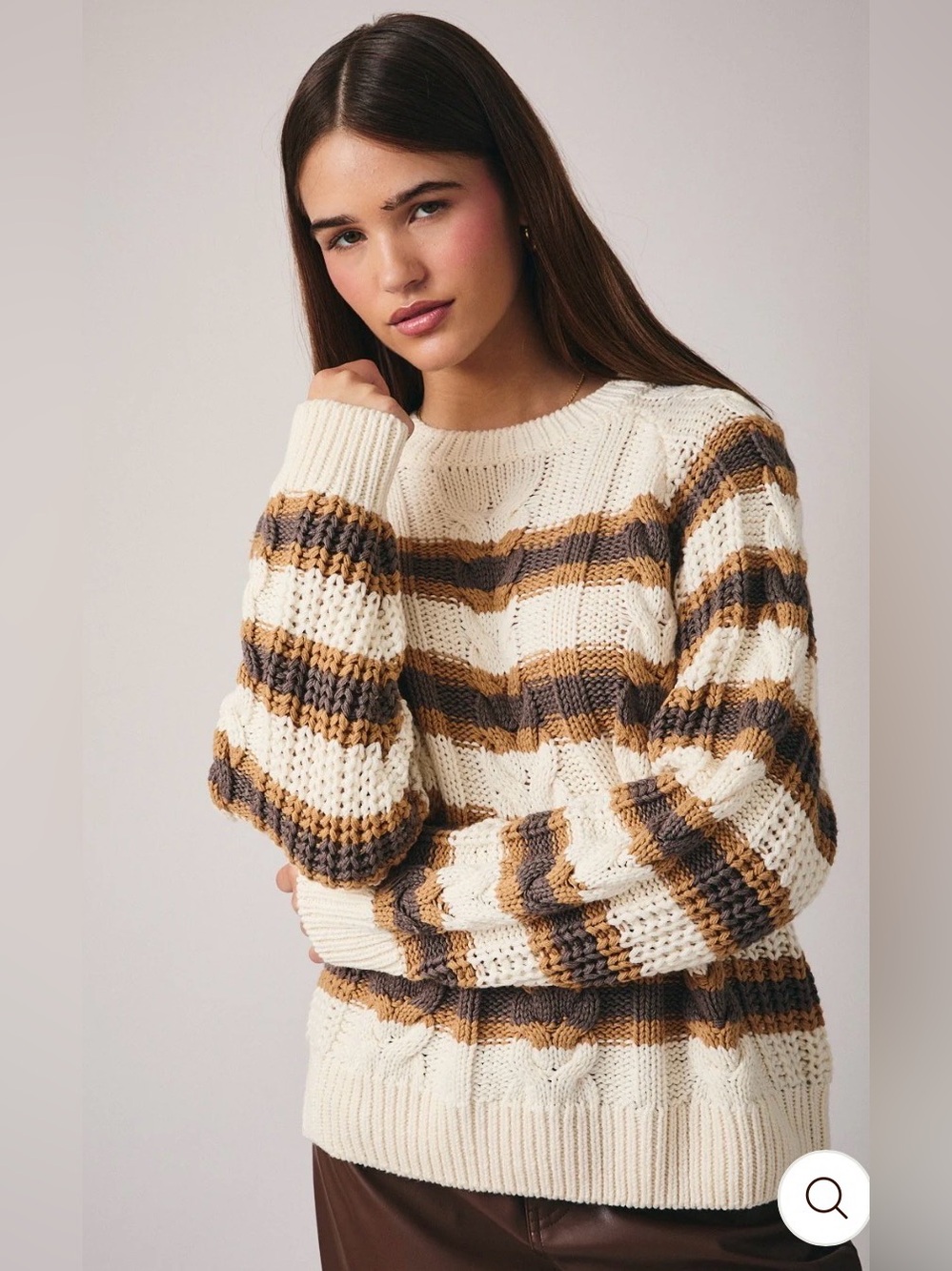Striped Cream and Brown Cable Knit Crewneck Sweater